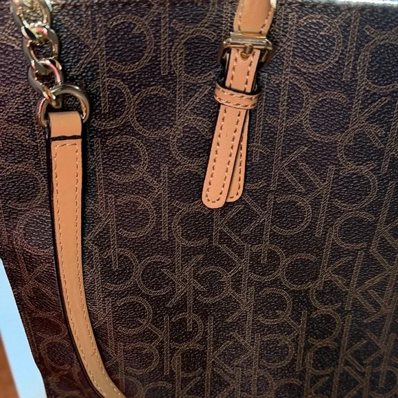 Calvin Klein Black Tote with Tan Trim and Chain Strap - Picture 3 of 4